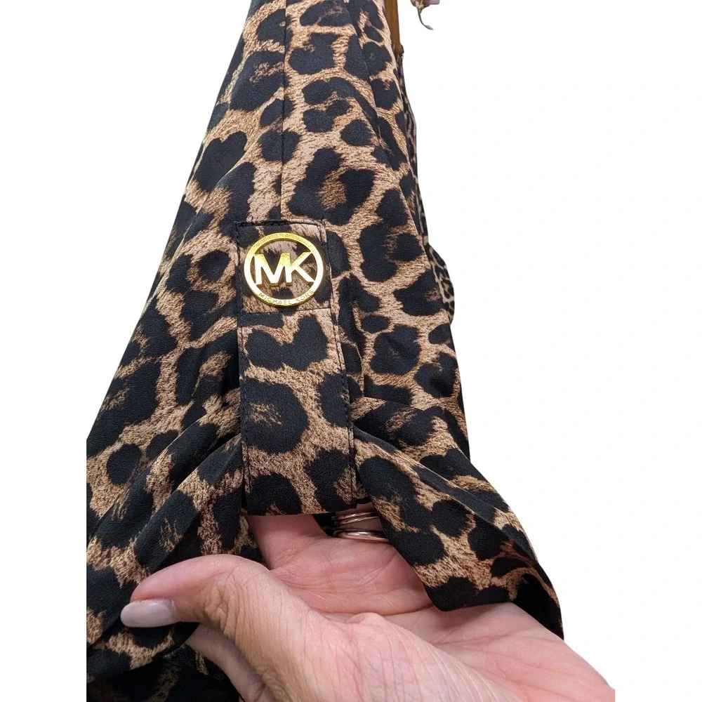 Michael Kors Blouse Leopard Animal Print Smocked Waist Puff Sleeve - Medium